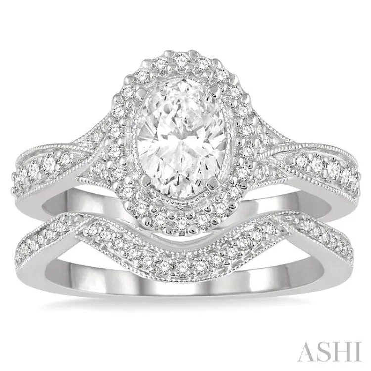 1 1/10 Ctw Free Form Shank Round Cut Diamond Bridal Set With 1 ct Oval Cut Engagement Ring and 1/10 ct Curved Center Wedding Band in 14K White Gold