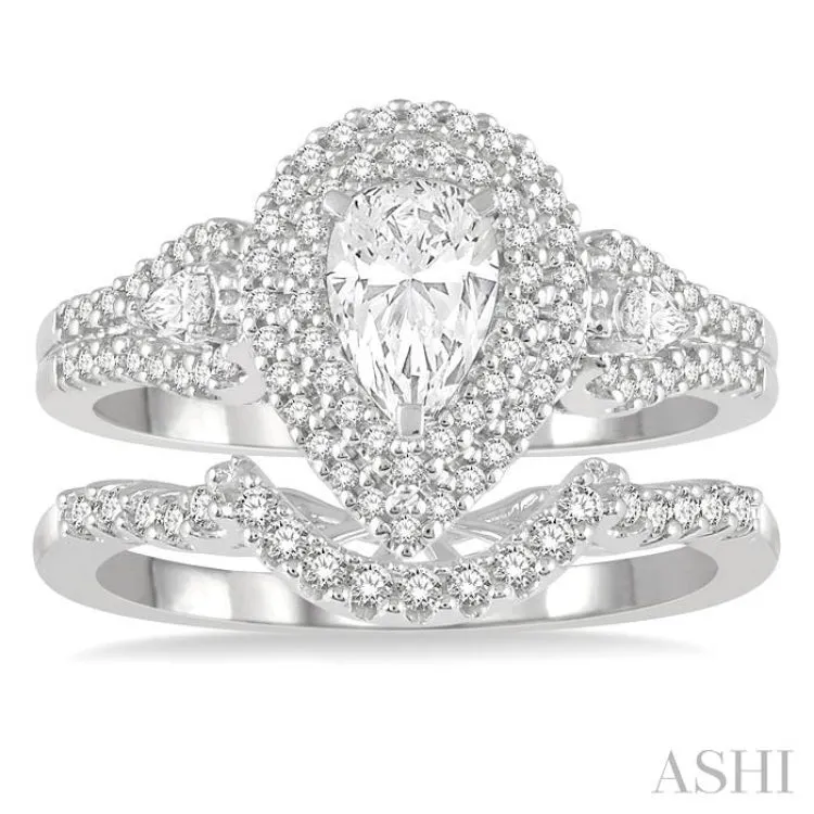 1 1/6 Ctw Round Cut Diamond Wedding Set With 1 ct Pear Cut Engagement Ring and 1/6 ct Curved Center Wedding Band in 14K White Gold