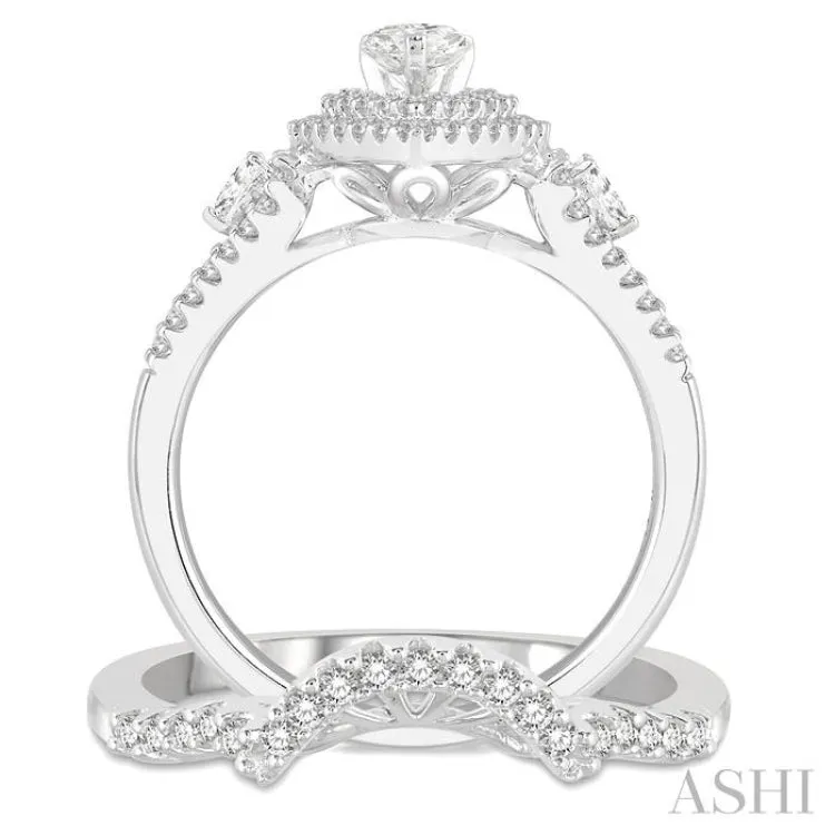 1 1/6 Ctw Round Cut Diamond Wedding Set With 1 ct Pear Cut Engagement Ring and 1/6 ct Curved Center Wedding Band in 14K White Gold