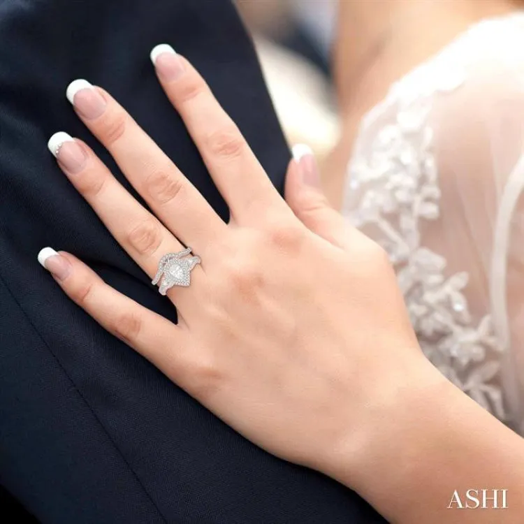 1 1/6 Ctw Round Cut Diamond Wedding Set With 1 ct Pear Cut Engagement Ring and 1/6 ct Curved Center Wedding Band in 14K White Gold