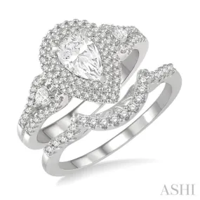 1 1/6 Ctw Round Cut Diamond Wedding Set With 1 ct Pear Cut Engagement Ring and 1/6 ct Curved Center Wedding Band in 14K White Gold