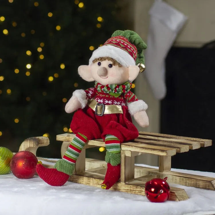 15" Red and Green Plush Jingle Bell Boy Elf Christmas Figure