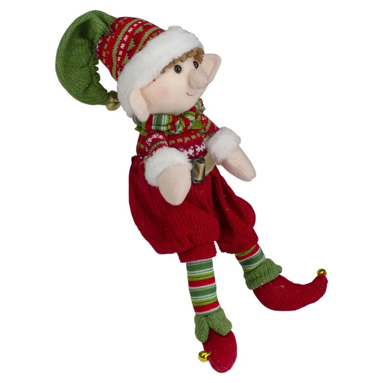 15" Red and Green Plush Jingle Bell Boy Elf Christmas Figure