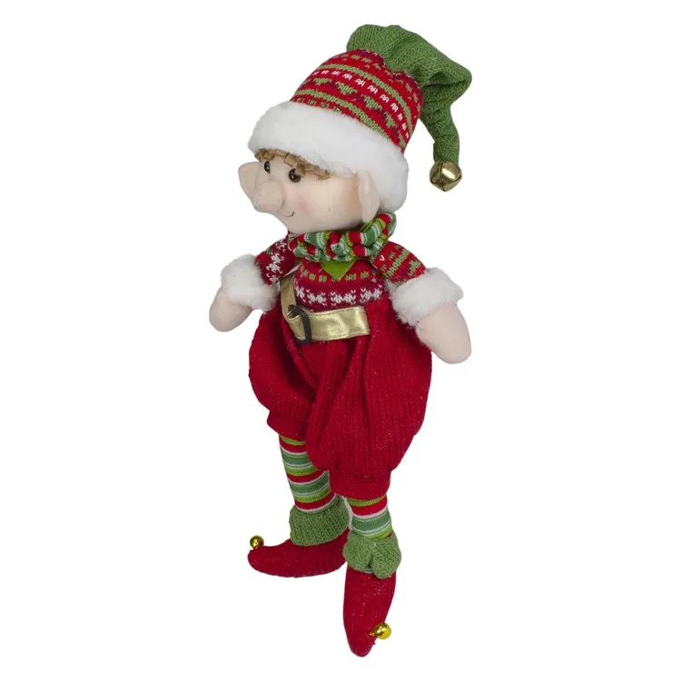 15" Red and Green Plush Jingle Bell Boy Elf Christmas Figure