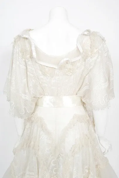 Stunning 1973 Zandra Rhodes Couture Hand-Painted Ivory Sheer Chiffon & Tulle Gown - Vintage Elegance