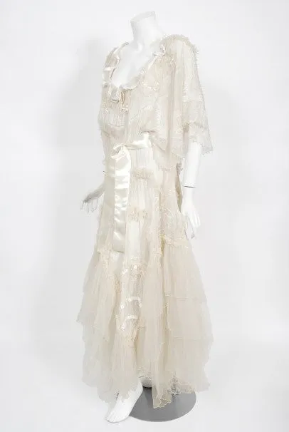 Stunning 1973 Zandra Rhodes Couture Hand-Painted Ivory Sheer Chiffon & Tulle Gown - Vintage Elegance