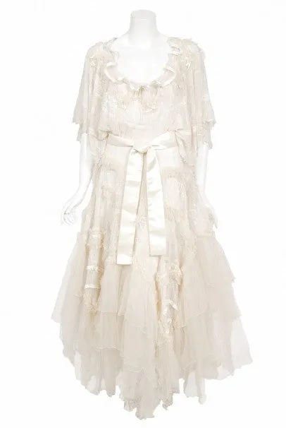 Stunning 1973 Zandra Rhodes Couture Hand-Painted Ivory Sheer Chiffon & Tulle Gown - Vintage Elegance