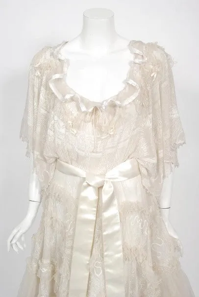 Stunning 1973 Zandra Rhodes Couture Hand-Painted Ivory Sheer Chiffon & Tulle Gown - Vintage Elegance