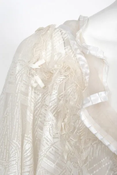 Stunning 1973 Zandra Rhodes Couture Hand-Painted Ivory Sheer Chiffon & Tulle Gown - Vintage Elegance