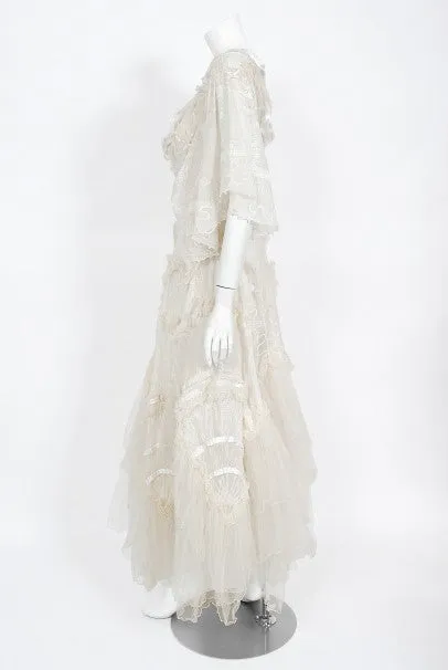 Stunning 1973 Zandra Rhodes Couture Hand-Painted Ivory Sheer Chiffon & Tulle Gown - Vintage Elegance