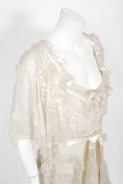 Stunning 1973 Zandra Rhodes Couture Hand-Painted Ivory Sheer Chiffon & Tulle Gown - Vintage Elegance