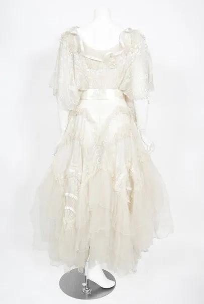 Stunning 1973 Zandra Rhodes Couture Hand-Painted Ivory Sheer Chiffon & Tulle Gown - Vintage Elegance