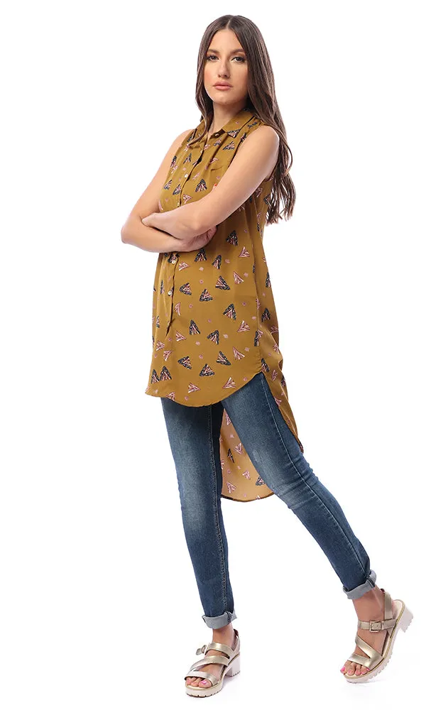 53617 Patterned Buttoned Khaki High-Low Shirt