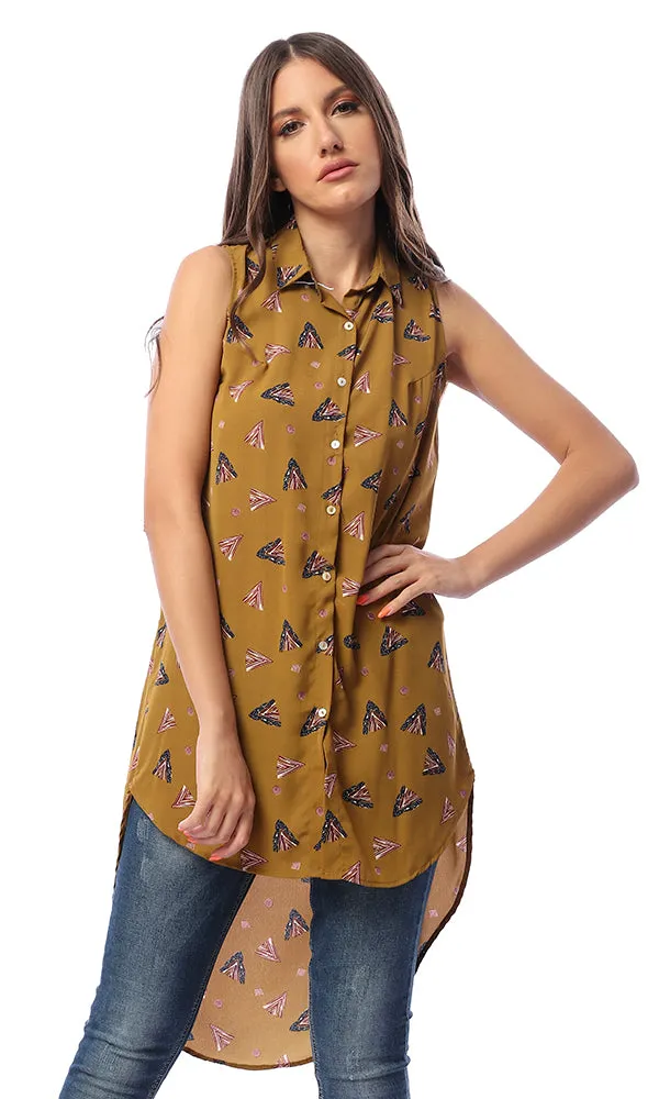 53617 Patterned Buttoned Khaki High-Low Shirt