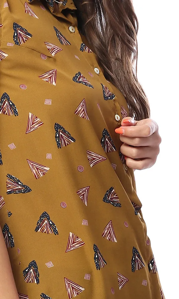 53617 Patterned Buttoned Khaki High-Low Shirt