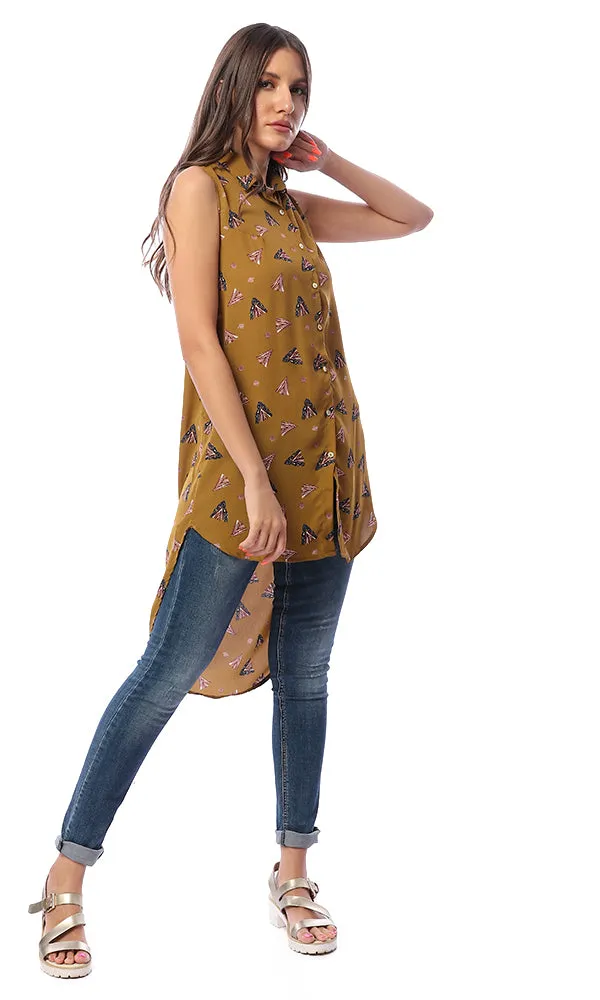 53617 Patterned Buttoned Khaki High-Low Shirt
