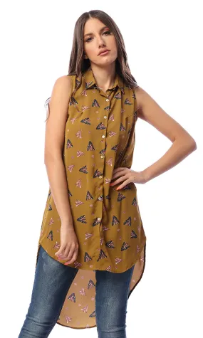 53617 Patterned Buttoned Khaki High-Low Shirt