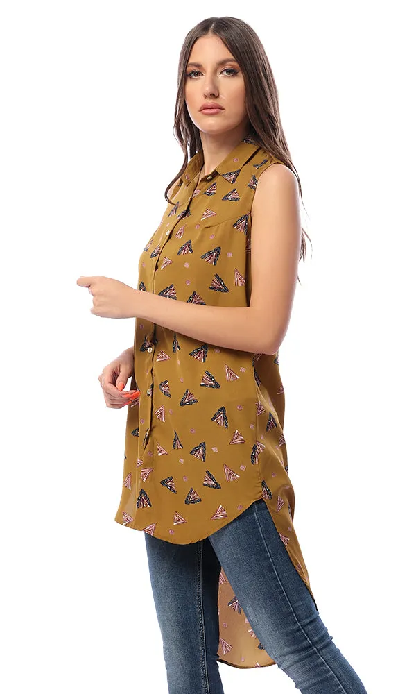 53617 Patterned Buttoned Khaki High-Low Shirt