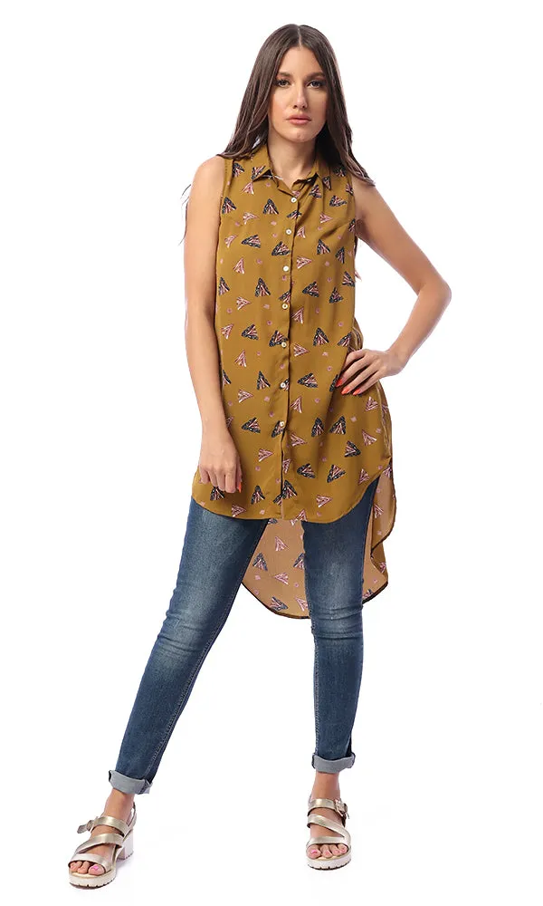 53617 Patterned Buttoned Khaki High-Low Shirt