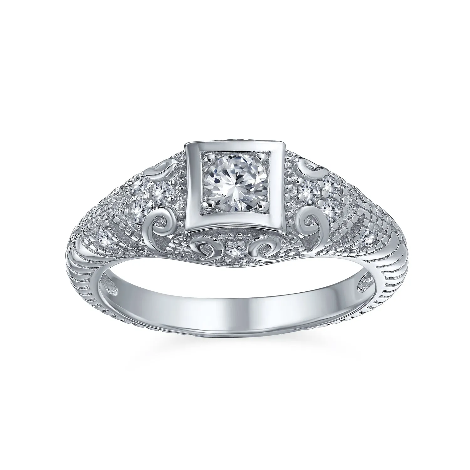 AAA CZ Vintage Style Milgrain 1CTW Solitaire Engagement Ring Sterling Silver