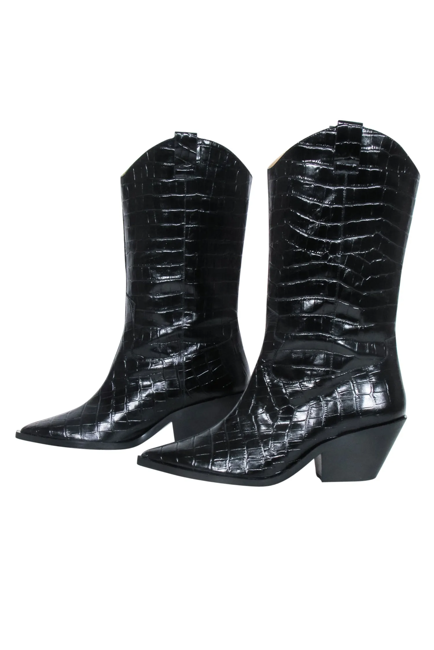 & Other Stories - Black Croc Embossed Leather Cowboy Boots Sz 9.5