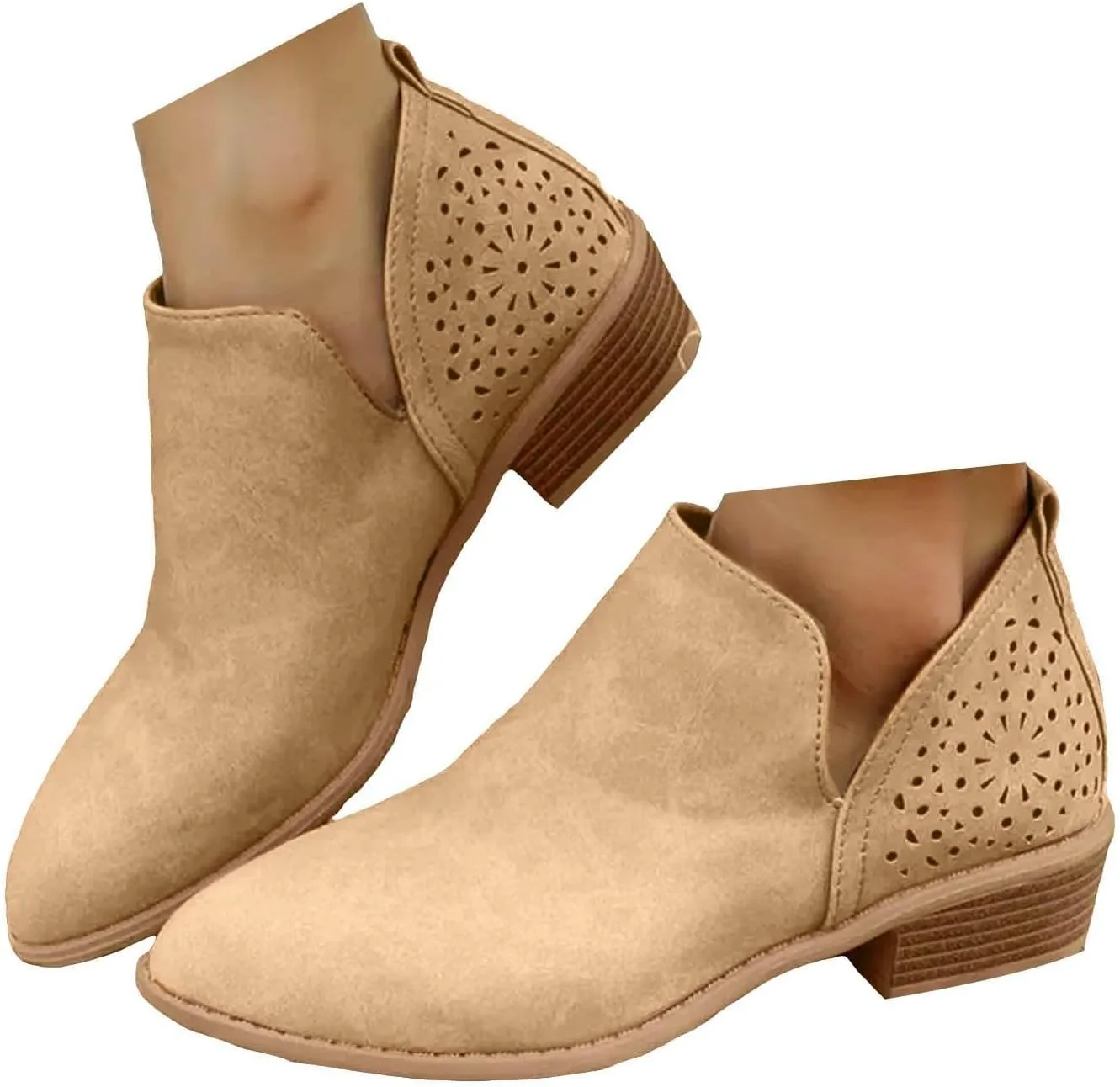 Ankle Boots for Women, Casual Low Heel Cut Out Slip On Short Chunky Stacked Heel Perforated Side V Cut Western Booties