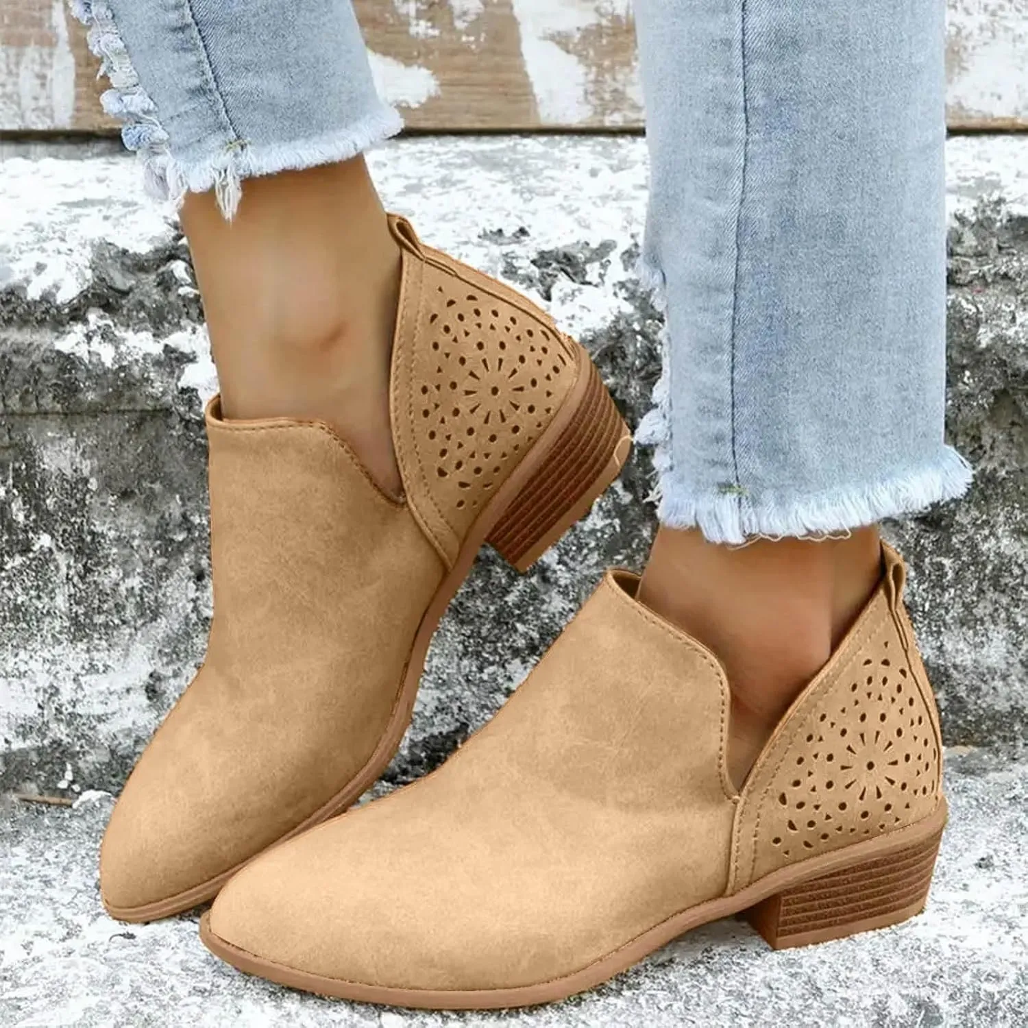 Ankle Boots for Women, Casual Low Heel Cut Out Slip On Short Chunky Stacked Heel Perforated Side V Cut Western Booties