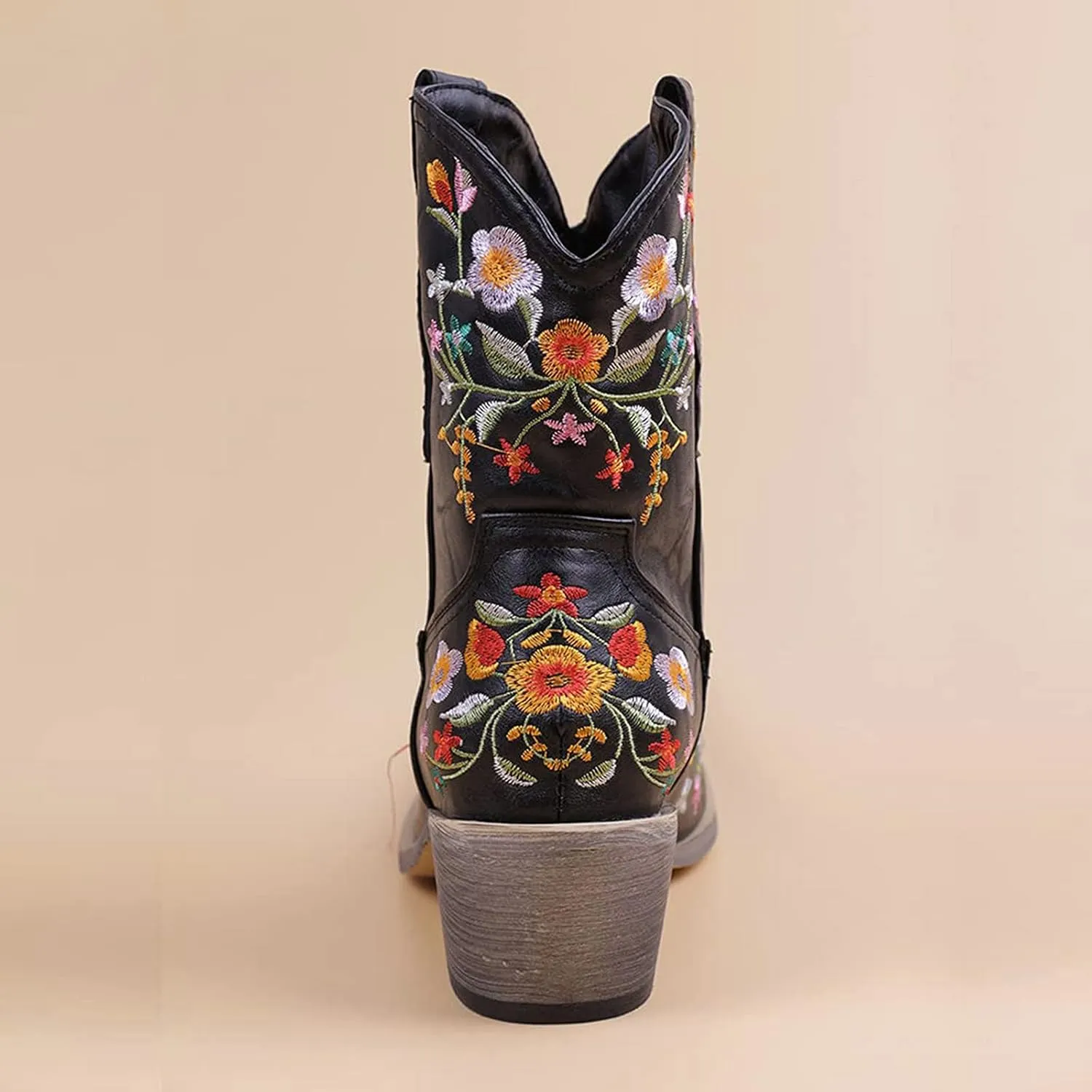 Ankle Boots for Women Cowgirl Booties for Women Western Pointed Toe Flower Embroidery Chunky Heel Slip on Women Boots