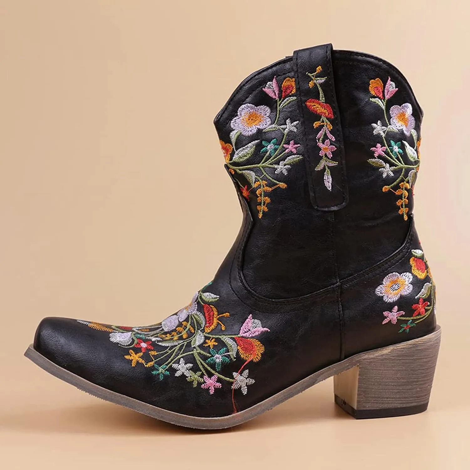 Ankle Boots for Women Cowgirl Booties for Women Western Pointed Toe Flower Embroidery Chunky Heel Slip on Women Boots