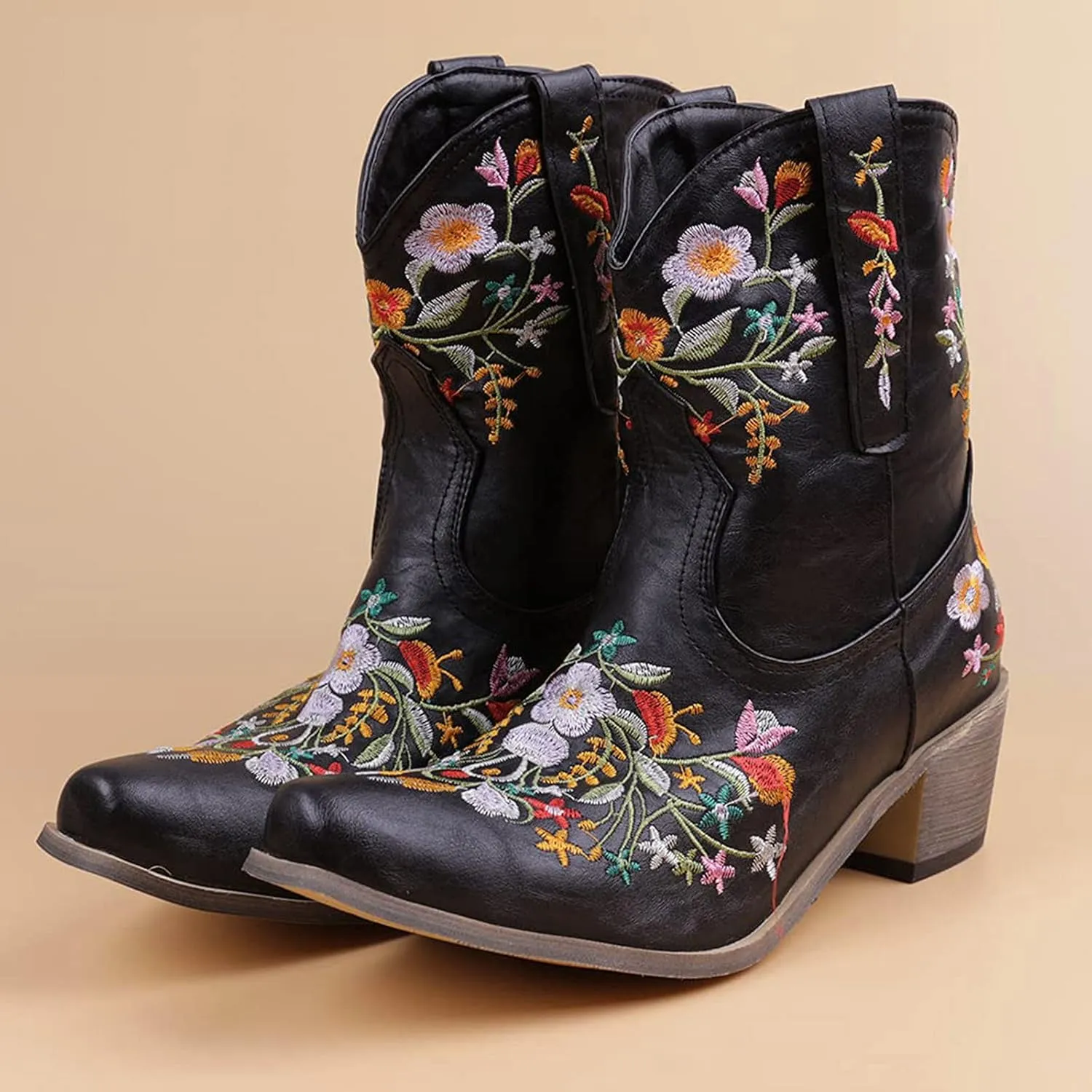 Ankle Boots for Women Cowgirl Booties for Women Western Pointed Toe Flower Embroidery Chunky Heel Slip on Women Boots