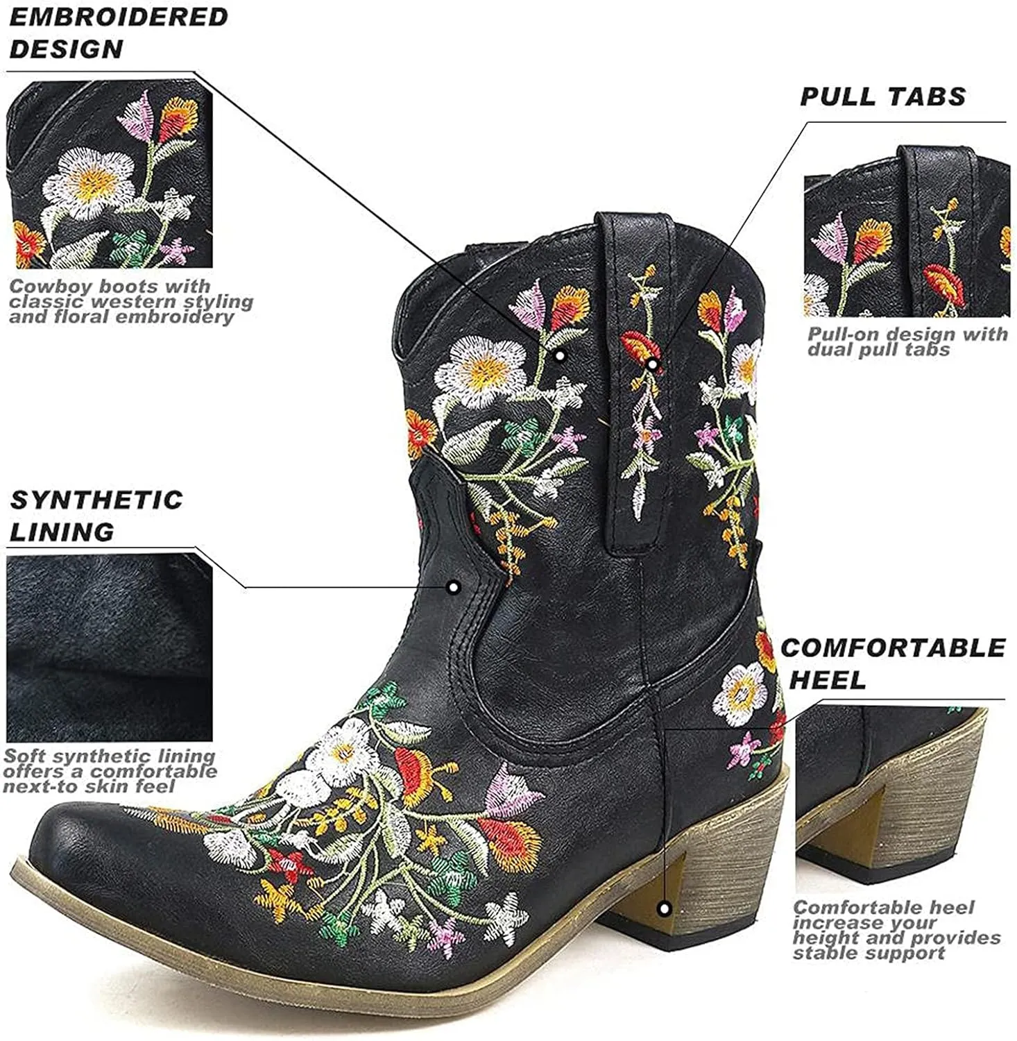 Ankle Boots for Women Cowgirl Booties for Women Western Pointed Toe Flower Embroidery Chunky Heel Slip on Women Boots