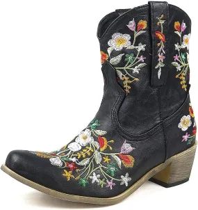 Ankle Boots for Women Cowgirl Booties for Women Western Pointed Toe Flower Embroidery Chunky Heel Slip on Women Boots
