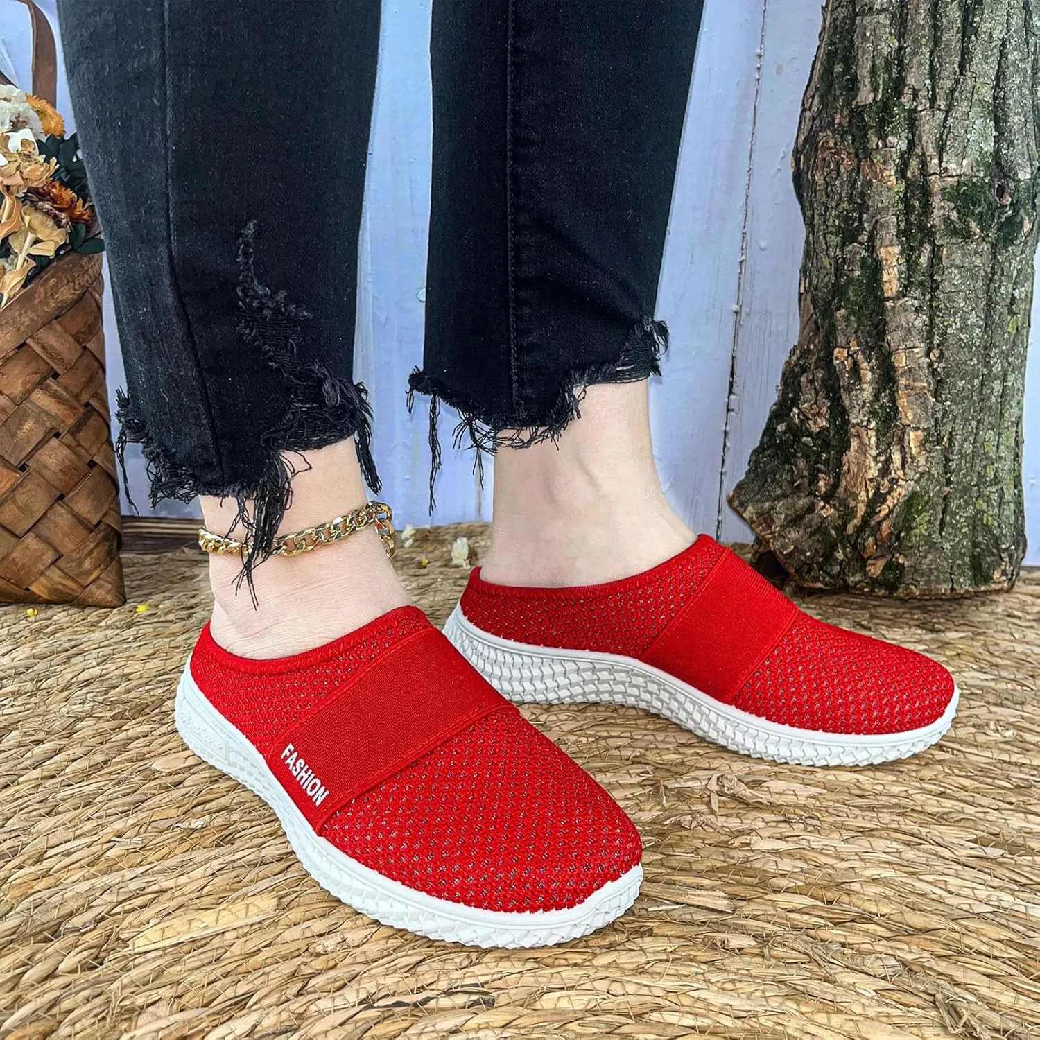 Backless Sneakers for Women Breathable Mesh Low Top Sneakers Cushion Slip-On Walking Tennis Shoes Orthopedic Lightweight Comfortable Summer Footwear Fashion Loafer Flats