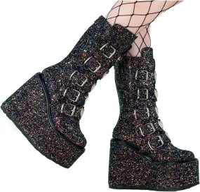 Bcshiye Womens Chunky Platform Knee High Boots Wedges Chunky High Heel Knight Boots Round Toe Short Combat Booties