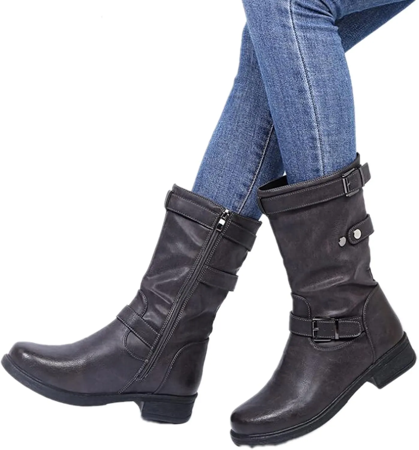 Bcshiye Womens Mid Calf Booties Winter Round Toe Low Heel Comfort Slouchy Riding Booties with Side Zipper Buckle Strap