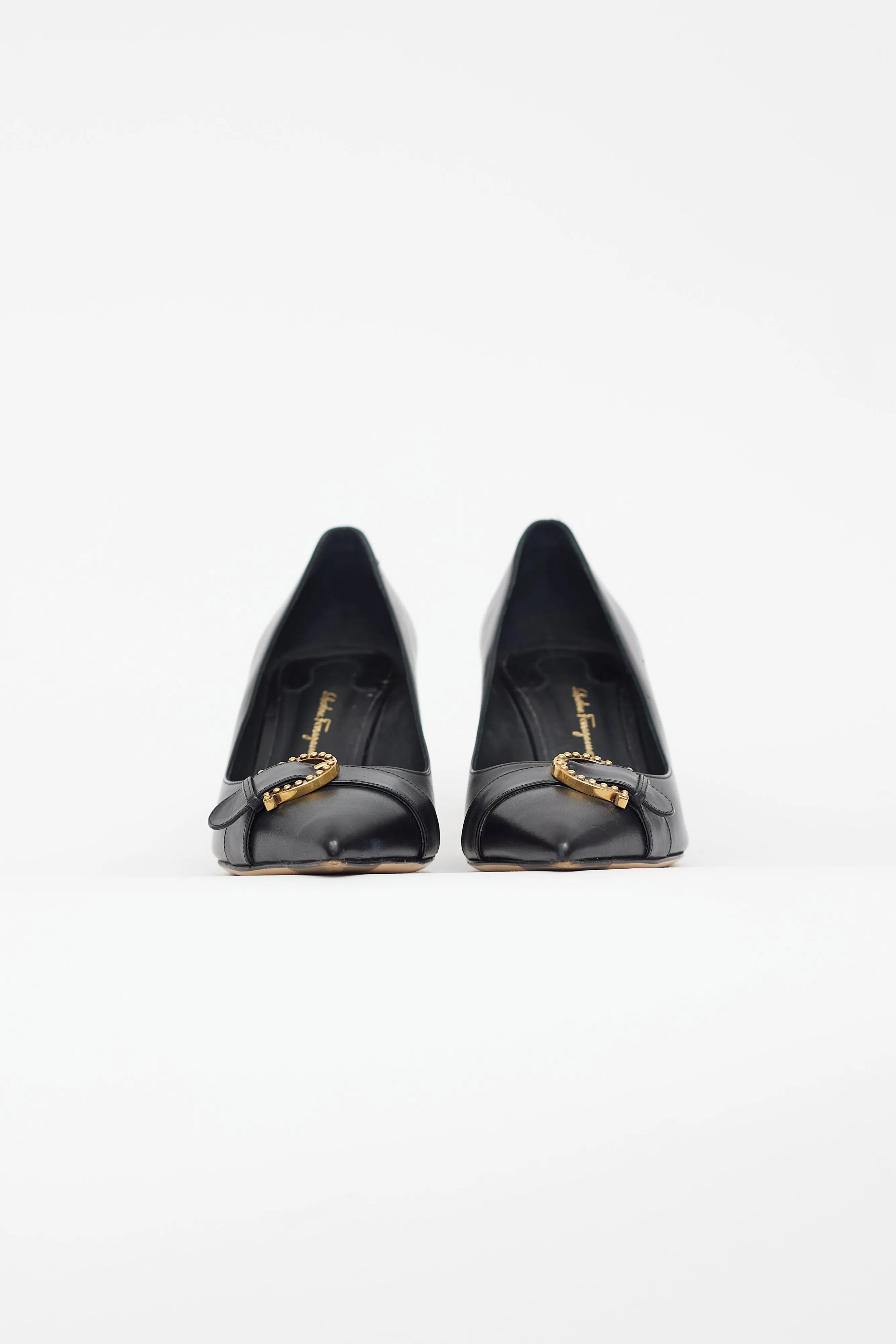 Black Leather Gold Buckle Pump