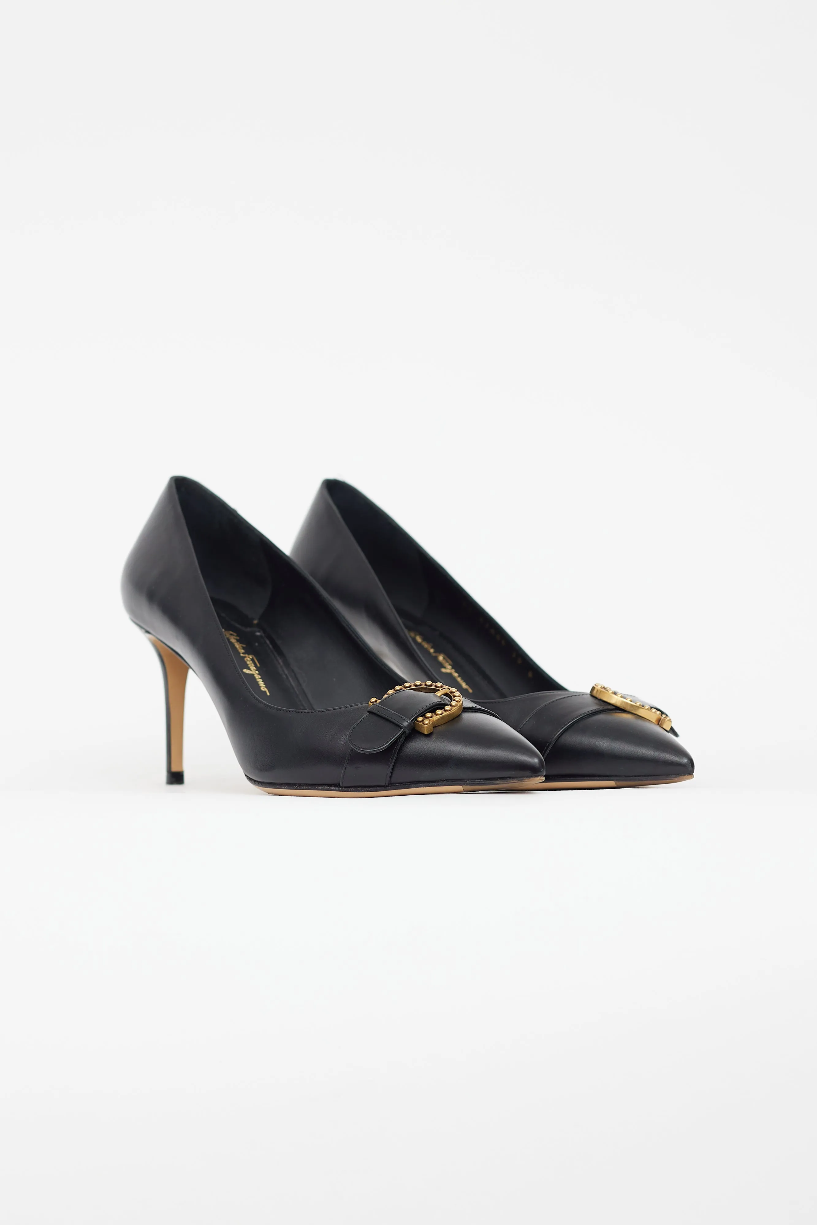 Black Leather Gold Buckle Pump