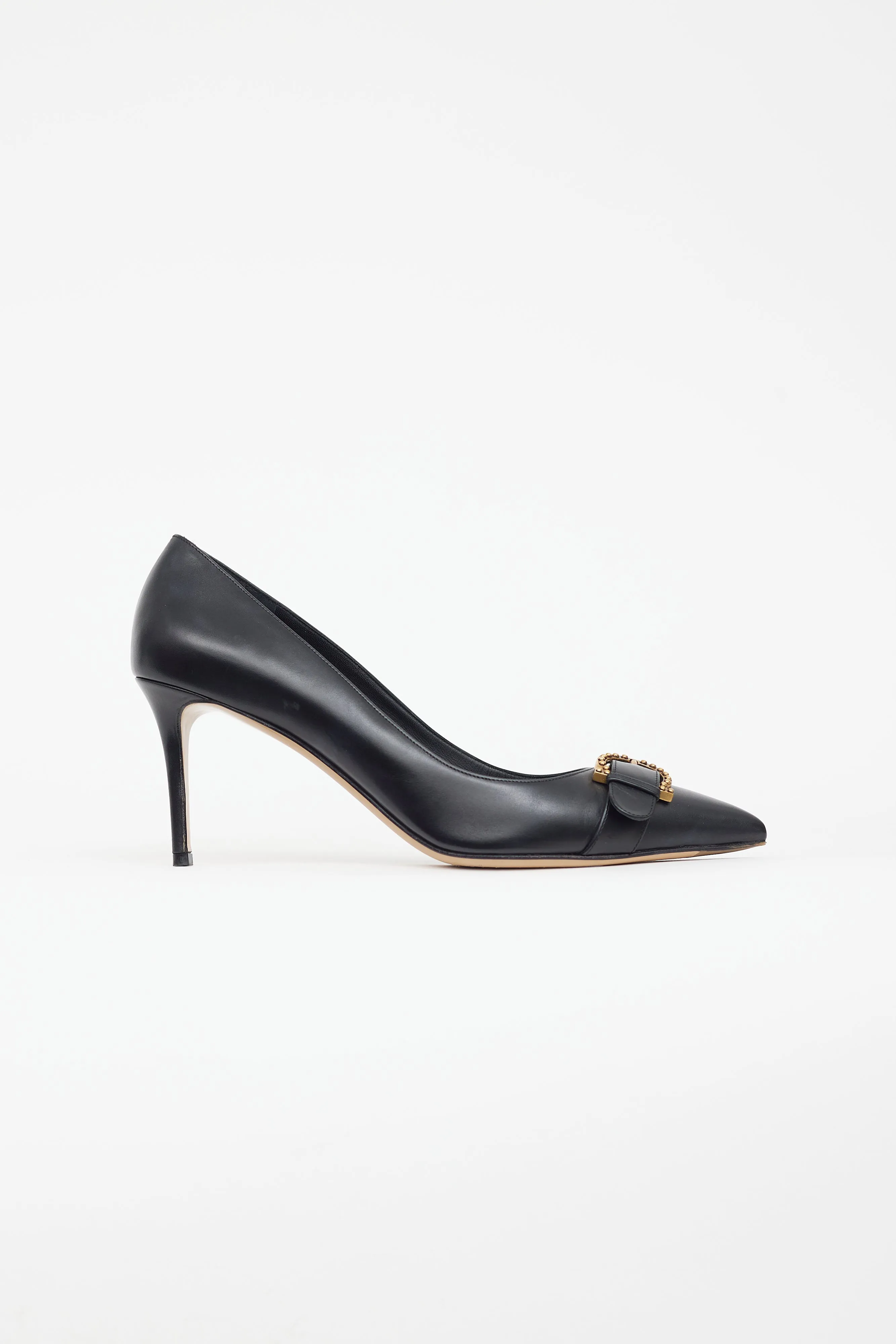 Black Leather Gold Buckle Pump