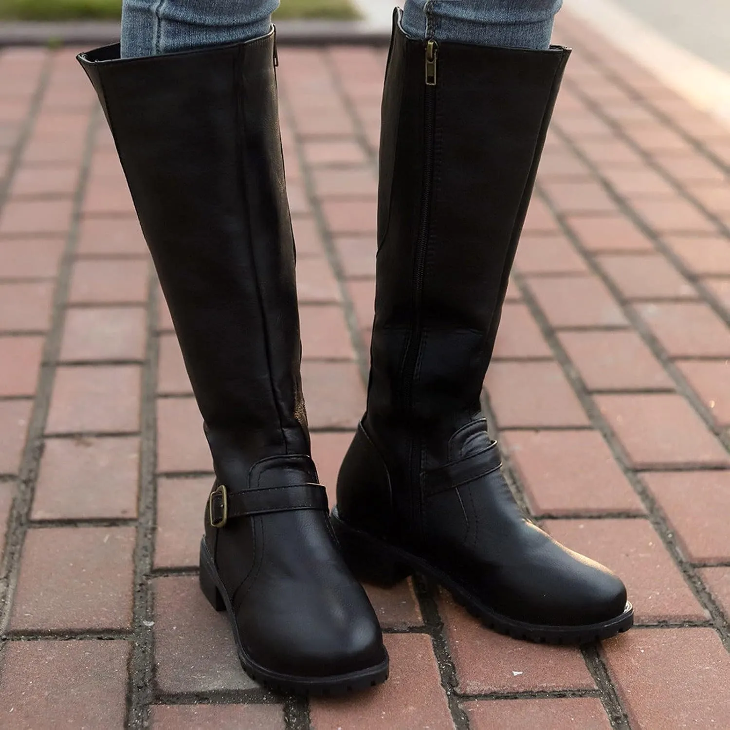 Boots for Women Knee High Combat Style Closed Toe Motorcycle Boots Classic Zipper Buckle Low Heel Shoes Retro Shoes 52