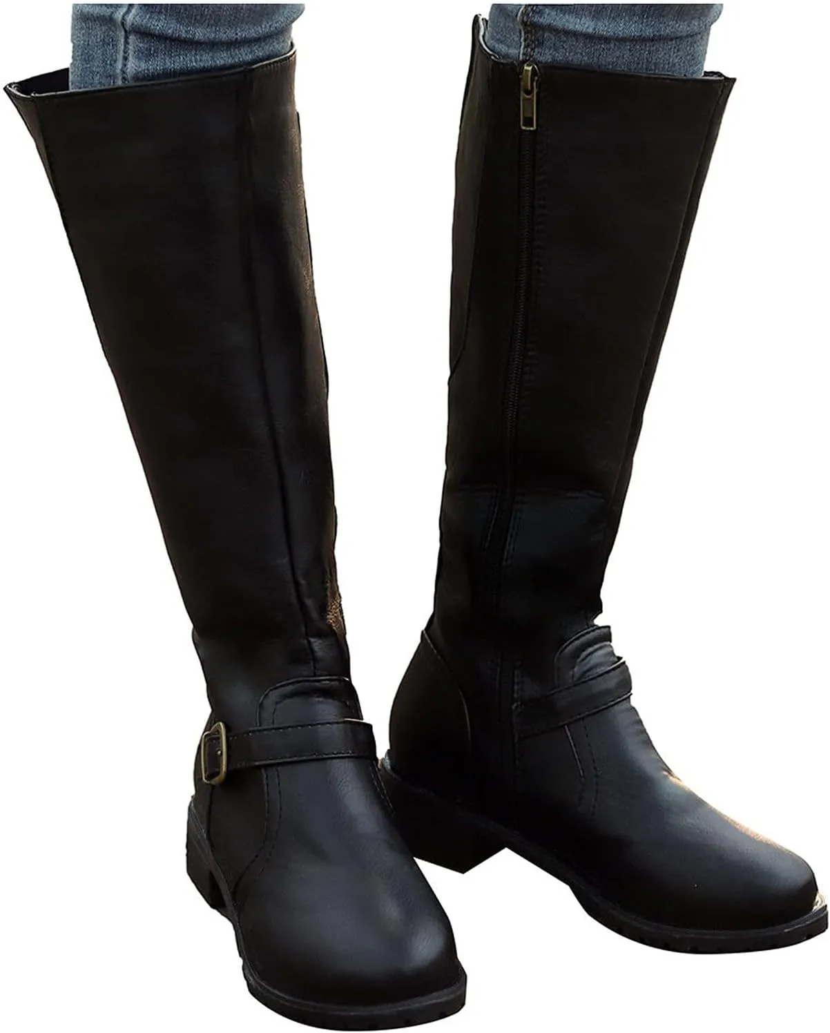 Boots for Women Knee High Combat Style Closed Toe Motorcycle Boots Classic Zipper Buckle Low Heel Shoes Retro Shoes 52
