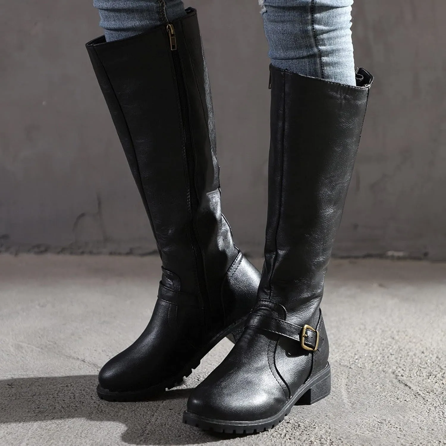 Boots for Women Knee High Combat Style Closed Toe Motorcycle Boots Classic Zipper Buckle Low Heel Shoes Retro Shoes 52