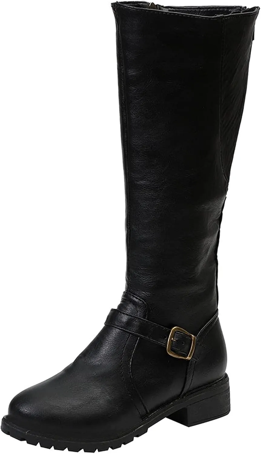 Boots for Women Knee High Combat Style Closed Toe Motorcycle Boots Classic Zipper Buckle Low Heel Shoes Retro Shoes 52