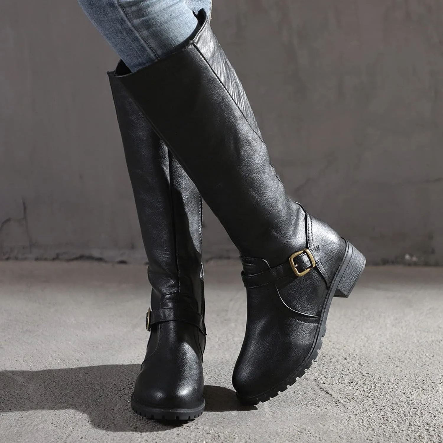 Boots for Women Knee High Combat Style Closed Toe Motorcycle Boots Classic Zipper Buckle Low Heel Shoes Retro Shoes 52