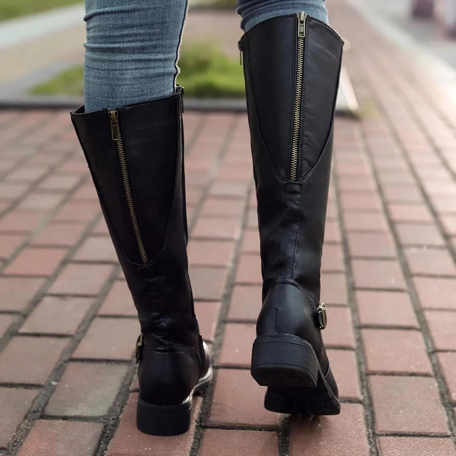 Boots for Women Knee High Combat Style Closed Toe Motorcycle Boots Classic Zipper Buckle Low Heel Shoes Retro Shoes 52