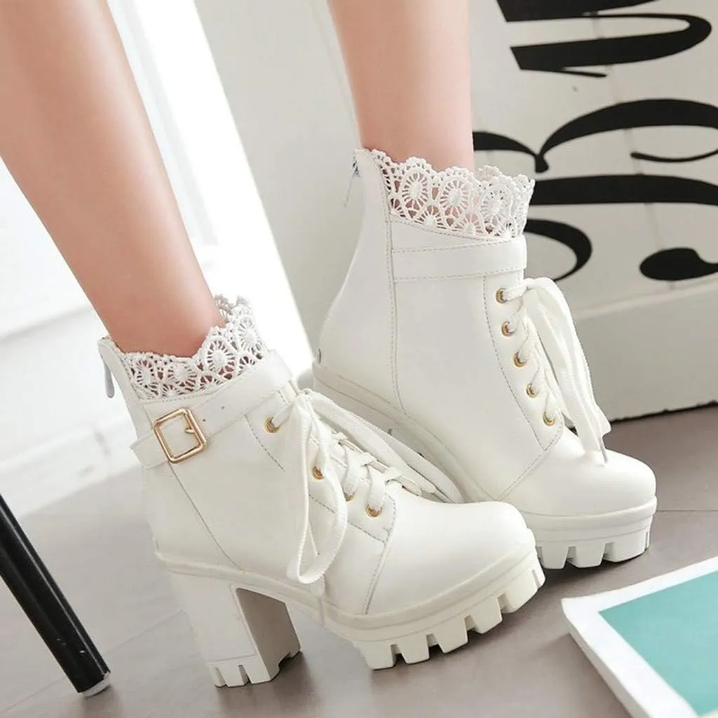 Boots for Women Women's Chunky Platform High Heel Boots Lace Up Gothic Ankle Booties Block Heel Buckle Punk Shoes