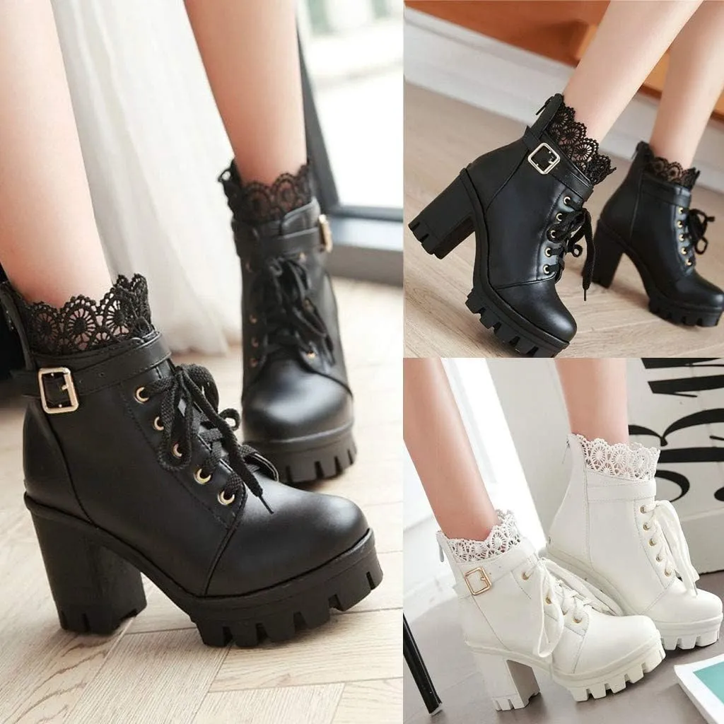 Boots for Women Women's Chunky Platform High Heel Boots Lace Up Gothic Ankle Booties Block Heel Buckle Punk Shoes