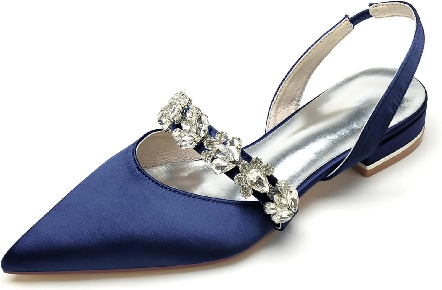 Bridal Shoes Slingback Flats Closed Toe Flats Women Satin Flats Rhinestones Wedding Flats Comfortable Dressy Flats Pointed Toe Women Flats 2.5Cm