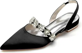 Bridal Shoes Slingback Flats Closed Toe Flats Women Satin Flats Rhinestones Wedding Flats Comfortable Dressy Flats Pointed Toe Women Flats 2.5Cm
