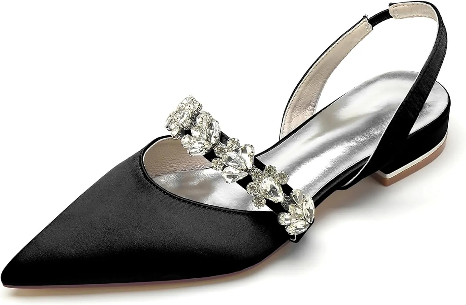 Bridal Shoes Slingback Flats Closed Toe Flats Women Satin Flats Rhinestones Wedding Flats Comfortable Dressy Flats Pointed Toe Women Flats 2.5Cm