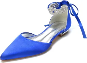 Bride Heel Low Flat for Women Wedding Shoes Ankle Strap Closed Bridal Crystal Court Shoes Pointed Toe Pumps Sandals Bowknot Comfortable